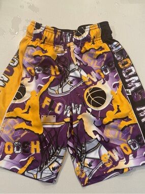 Society Purple & Gold Basketball Print Kids Athletic Shorts